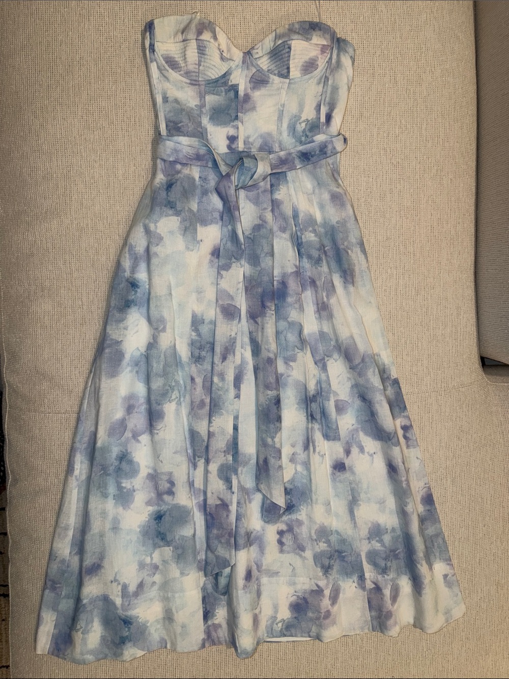Bardot Watercolor Floral Strapless Midi Dress Blue White US 4